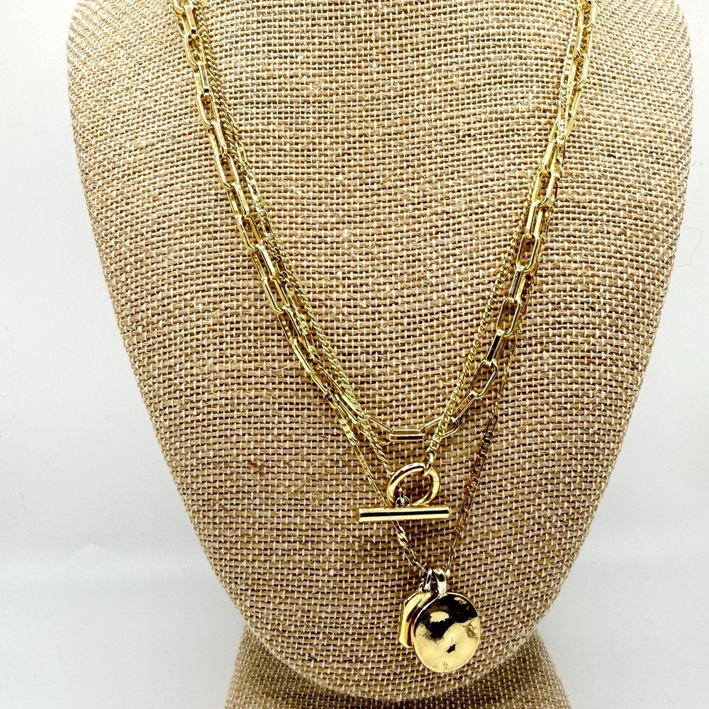 J.Crew Layered Paperclip Gold Tone Toggle Pendant Necklace Stackable 16" READ
